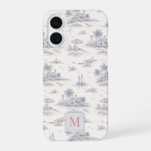 Blauw Kust Tropisch Frans Toile Monogram iPhone 16 Hoesje