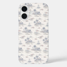 Blauw kust tropisch Frans Toile patroon iPhone 16 Hoesje
