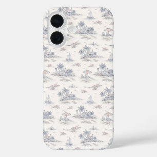 Blauw kust tropisch Frans Toile patroon iPhone 16 Hoesje