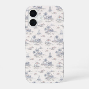 Blauw kust tropisch Frans Toile patroon iPhone 16 Hoesje