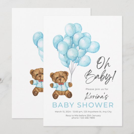 BLAUW KUSTMAAT OH BABY TEDDY BEAR EN BALLOONS KAART (Voorkant / Achterkant)