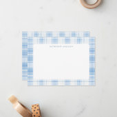 Blauw kustplaidpatroon monogram notitiekaartje (Voorkant / Achterkant in situ)