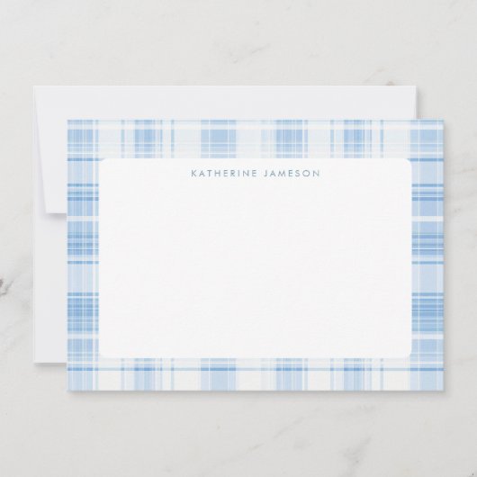 Blauw kustplaidpatroon monogram notitiekaartje (Voorkant)