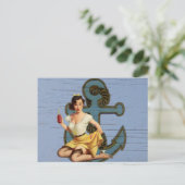 blauw kustschip en anker zwembad party meisje briefkaart (Staand voorkant)