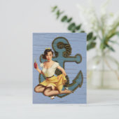 blauw kustschip en anker zwembad party meisje briefkaart (Staand voorkant)