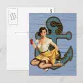 blauw kustschip en anker zwembad party meisje briefkaart (Voorkant / Achterkant)