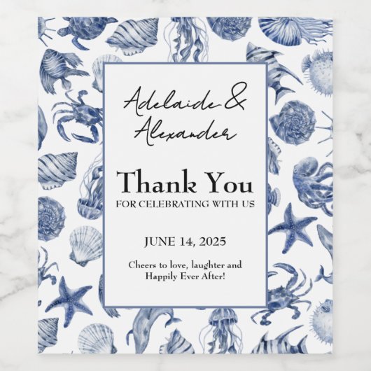 Blauw kustvoedsel- en dranklabelset wijn etiket (Enkel label)