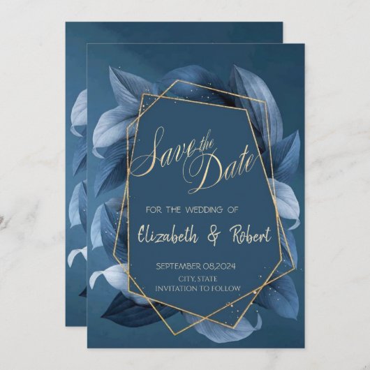 Blauw laat gouden Lijst opslaan de datum Save The Date (Voorkant / Achterkant)