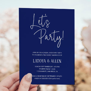 Blauw Laat Ons Feest Casual Bruiloftsreceptie Gevl Kaart