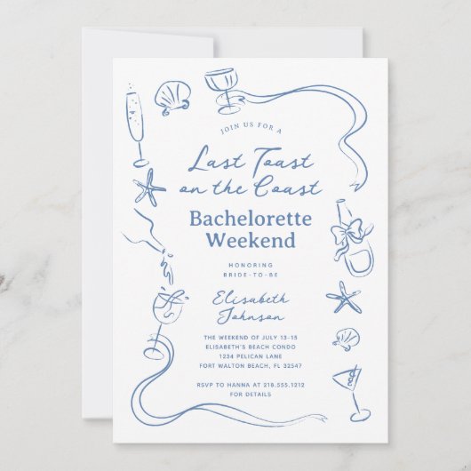Blauw Laatste Toast op de Kust Bachelorette Weeken Kaart (Voorkant)