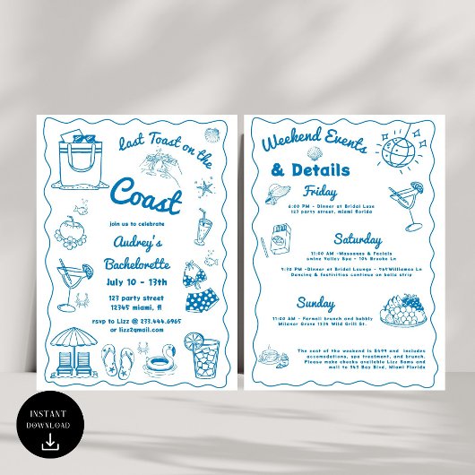Blauw Laatste Toast op de Kust Bachelorette Weeken Kaart