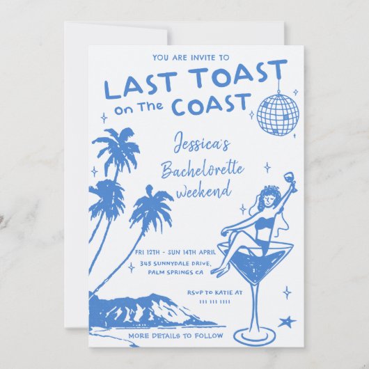 Blauw Laatste Toast op de Kust Bachelorette Weeken Kaart (Voorkant)