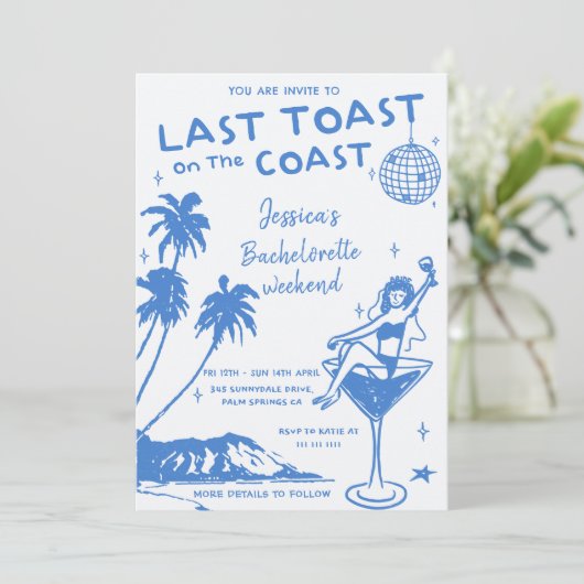 Blauw Laatste Toast op de Kust Bachelorette Weeken Kaart (Staand voorkant)