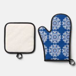 Blauw Lacy Patroon  Ovenwant & Pannenlap Set