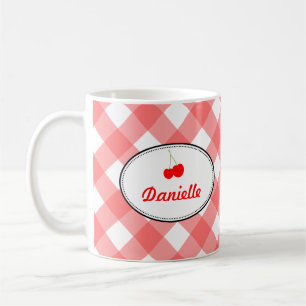 Blauw land gingham patroon rode kersen persoonlijk koffiemok