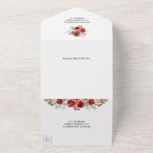 Blauw Landelijke Kant Marsala Bloemen Bruiloft All In One Uitnodiging (Buitenkant)