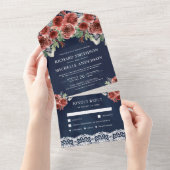 Blauw Landelijke Kant Marsala Bloemen Bruiloft All In One Uitnodiging (Afscheurbaar)