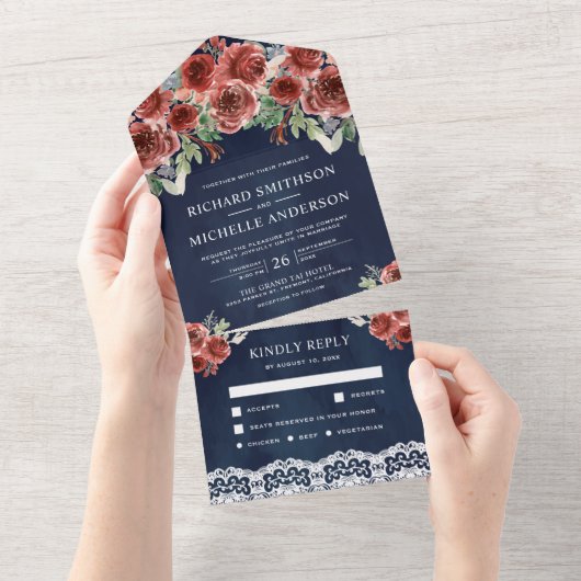 Blauw Landelijke Kant Marsala Bloemen Bruiloft All In One Uitnodiging (Afscheurbaar)