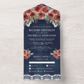 Blauw Landelijke Kant Marsala Bloemen Bruiloft All In One Uitnodiging (Binnen)