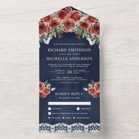 Blauw Landelijke Kant Marsala Bloemen Bruiloft All In One Uitnodiging (Binnen)