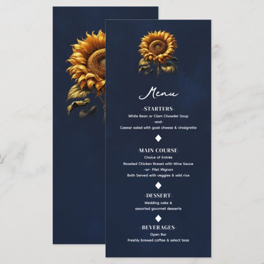 Blauw Landelijke Zonnebloem Trouwmenu Menu (Voorkant / Achterkant)