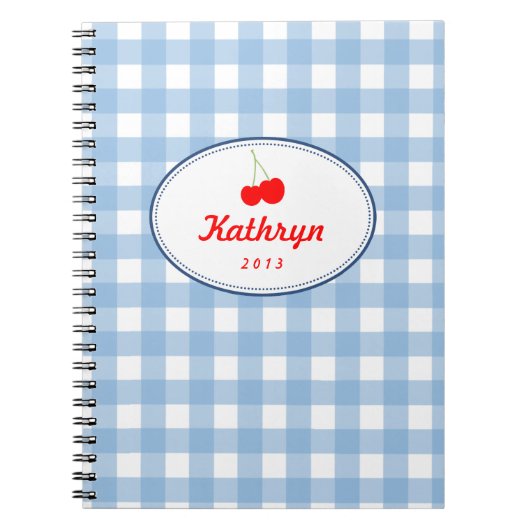 Blauw landgingham patroon rode kersen persoonlijk notitieboek (Voorkant)