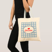 Blauw landgingham patroon rode kersen persoonlijk tote bag (Voorkant (product))