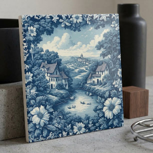 Blauw landschap Frans boerderijhuis water kanaal l Tegeltje