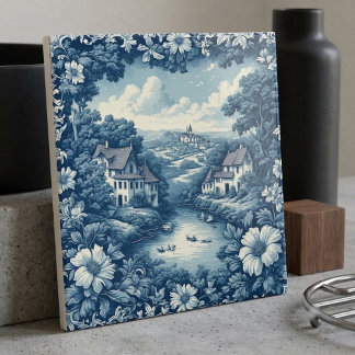 Blauw landschap Frans boerderijhuis water kanaal l Tegeltje