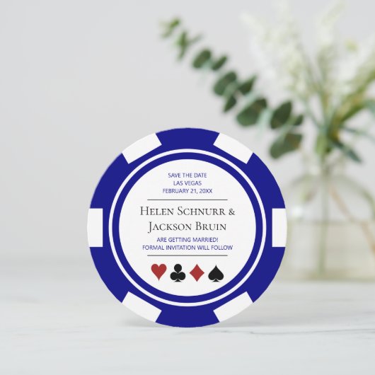 Blauw Las Vegas Bruiloft Save The Date Poker Chip Kaart (Staand voorkant)