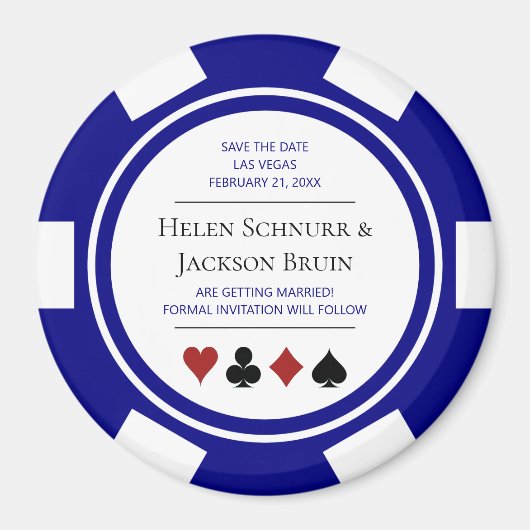 Blauw Las Vegas Bruiloft Save The Date Poker Chip Magneet (Voorkant)