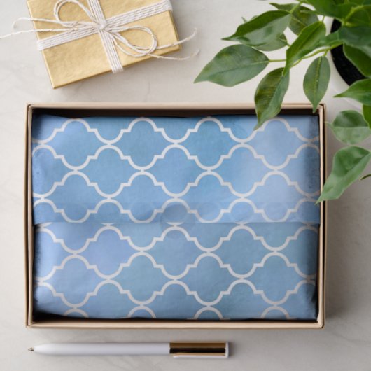 Blauw latenwerk, Quatrefoil, Trellis, Waterverven Tissuepapier (Geschenk)