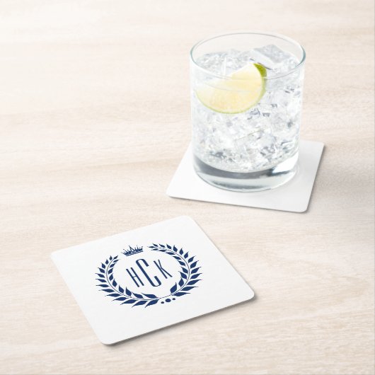 Blauw Lauwerkrans Aangepast Monogram Kartonnen Onderzetters (Insitu)