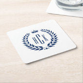 Blauw Lauwerkrans Aangepast Monogram Kartonnen Onderzetters (Schuin)