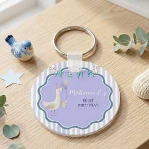 Blauw Lavendel Dwaze Gans Jongen Eerste Verjaardag Sleutelhanger