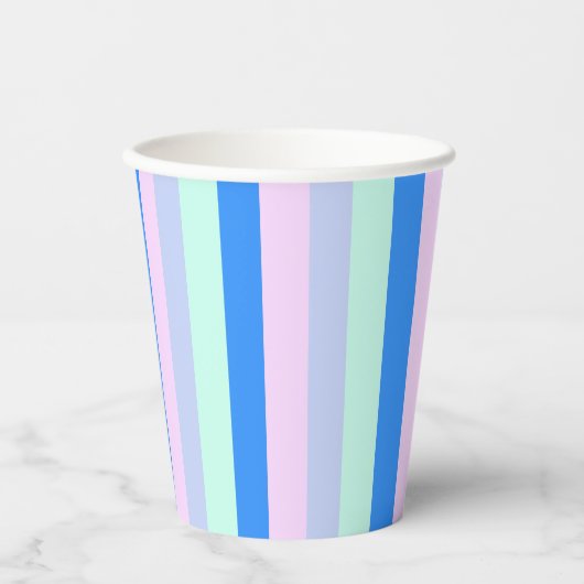 Blauw, Lavendel, Roze & Pastel Mint Groene strepen Papieren Bekers (Voorkant)