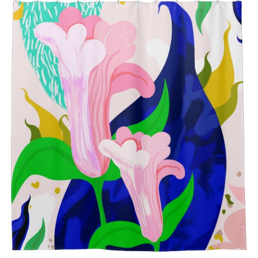 Blauw leder | Abstracte bodemverf | E Douchegordijn (Voorkant)