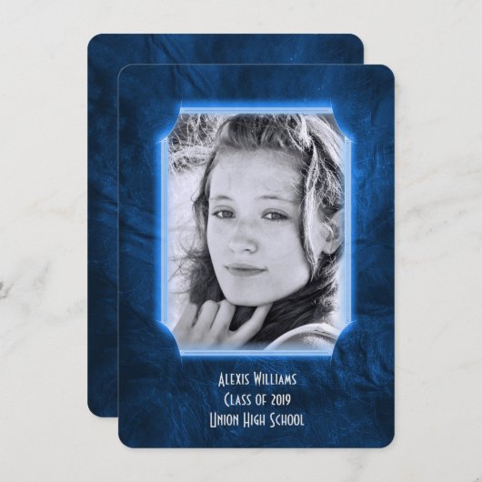 Blauw leder Afstuderen uitnodigen Kaart (Voorkant / Achterkant)