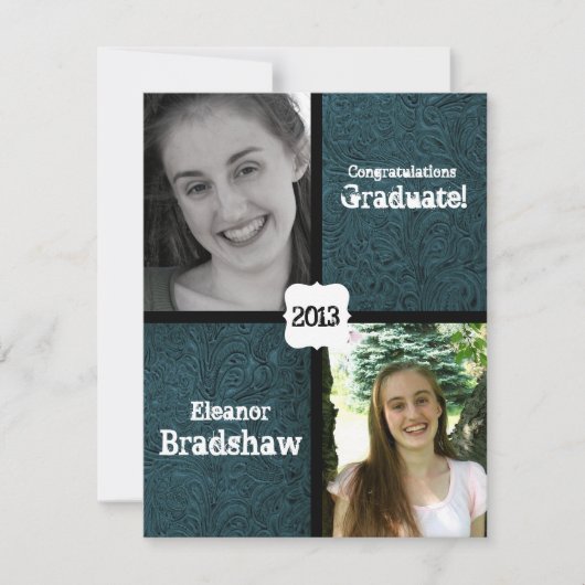 Blauw leder Kijk Foto Graduparty Kaart (Voorkant)