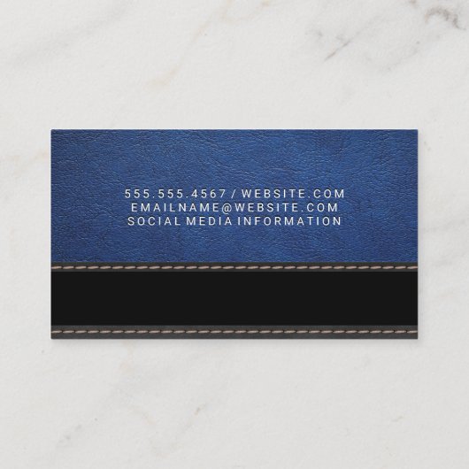 Blauw leder | Zwarte textuur | Draad en naald Visitekaartje (Achterkant)