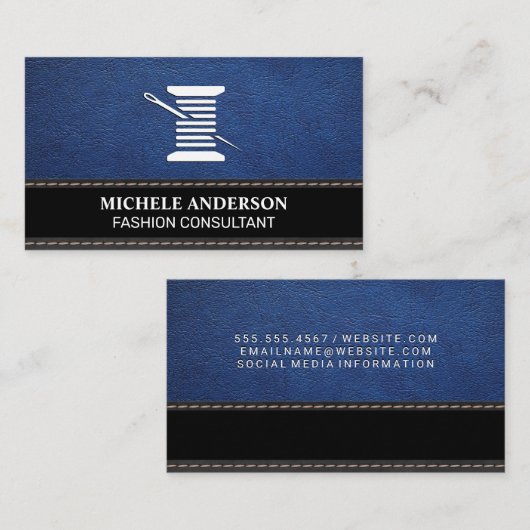 Blauw leder | Zwarte textuur | Draad en naald Visitekaartje (Voorkant / Achterkant)