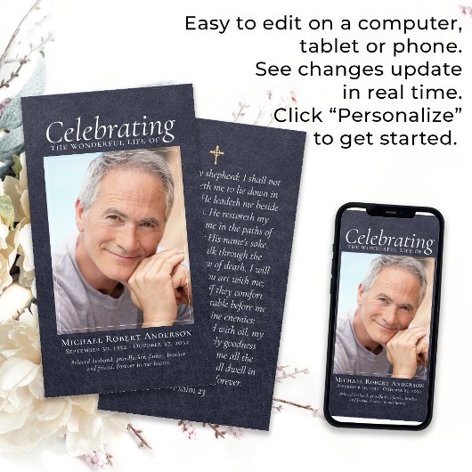 Blauw Lederen Kruis Foto Memorial Gebed Kaart