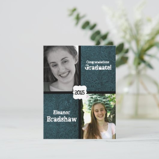 Blauw lederen look twee foto afstudeerfeest kaart (Staand voorkant)