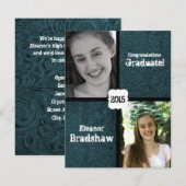 Blauw lederen look twee foto afstudeerfeest kaart (Voorkant / Achterkant)