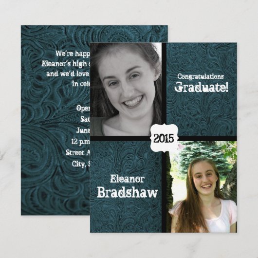 Blauw lederen look twee foto afstudeerfeest kaart (Voorkant / Achterkant)