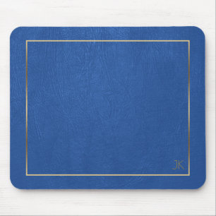 Blauw Lederen Textuur Goud Lijst-Custom Monogram Muismat