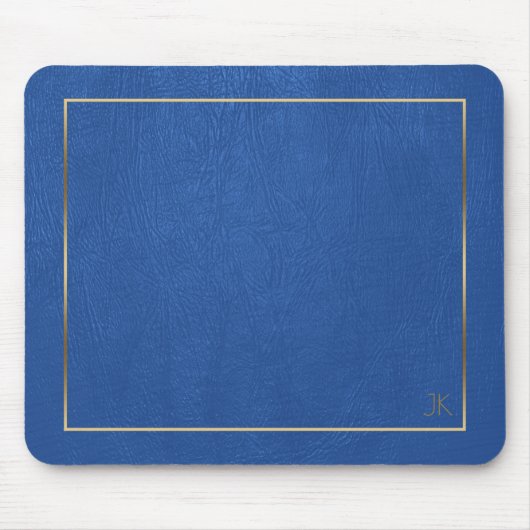 Blauw Lederen Textuur Goud Lijst-Custom Monogram Muismat (Voorkant)