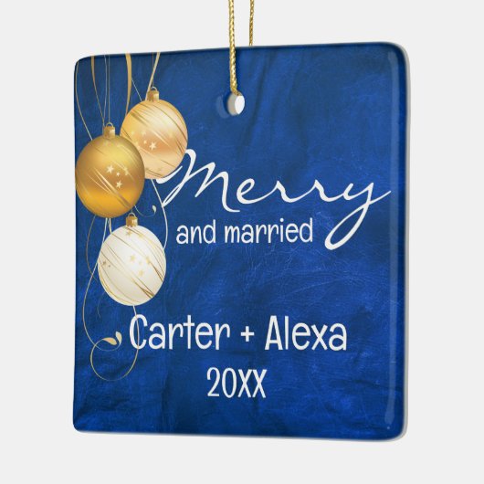 Blauw leer eerste kerst getrouwd keramisch ornament (Links)