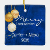 Blauw leer eerste kerst getrouwd keramisch ornament (Voorkant)