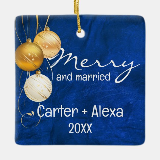 Blauw leer eerste kerst getrouwd keramisch ornament (Voorkant)